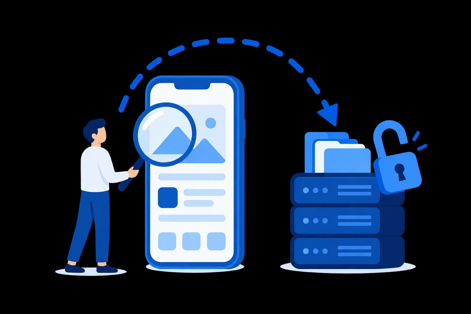 虫眼鏡でスマートフォンのアプリを調べる人物と、アプリを迂回してサーバーへ直接向かう点線の矢印。サーバーの上には開いた錠があり、アプリを経由せずにバックエンドが狙われることを示している