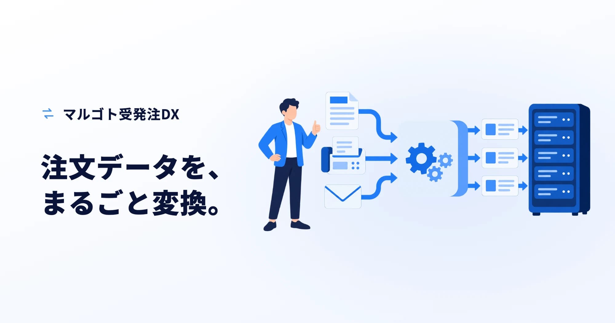 マルゴト受発注DXのキービジュアル。「注文データを、まるごと変換。」というコピー。紙の注文書・FAX・メールが変換の箱に入り、そろったデータになって基幹システムのサーバーへ流れ込むのを、ビジネスパーソンが見守るイラスト