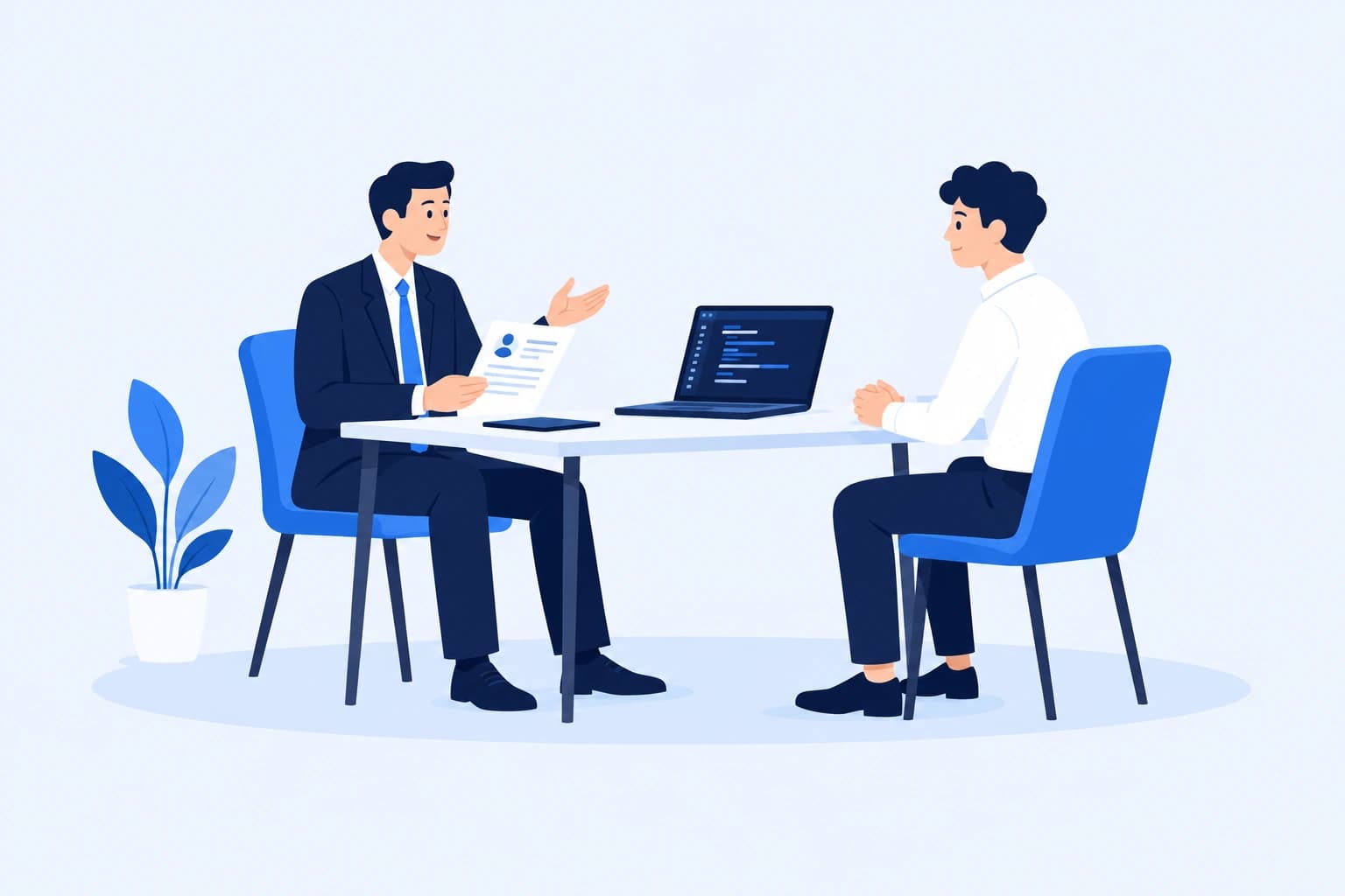 コードを映したノートPCを置いた机をはさみ、書類を手に面接で向かい合う2人のイラスト