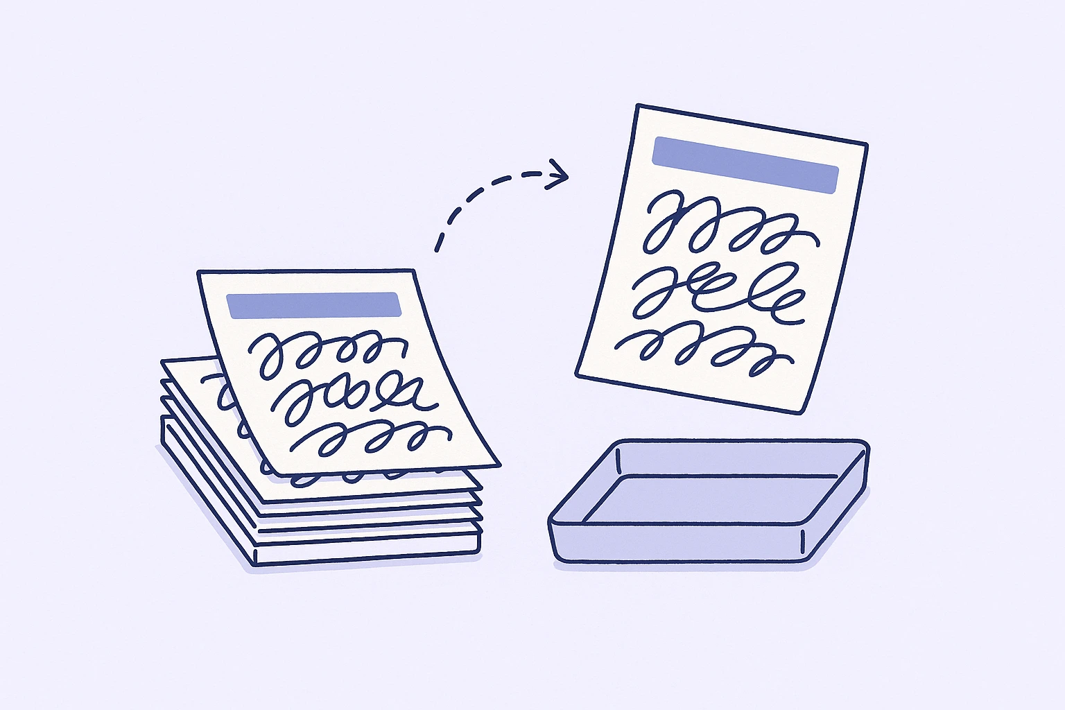 走り書きの注文票が積まれ、その中の1枚だけが脇のトレイへ移されるイラスト