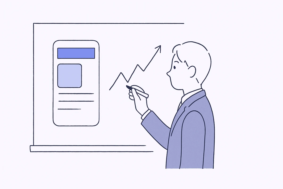 ホワイトボードで新サービスの構想を議論するチームのイラスト