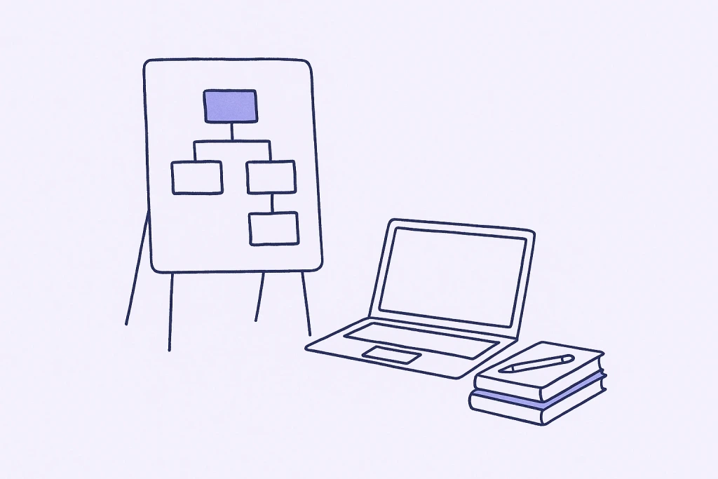 図が描かれたホワイトボードと、開いたラップトップ・積まれた本のイラスト