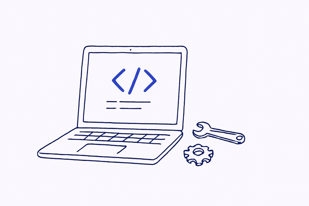 コードが表示されたラップトップと工具のイラスト