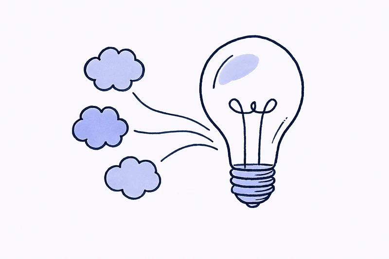 散らばった思考の雲がひとつの電球にまとまるイラスト