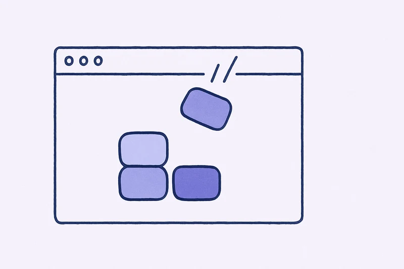 ブラウザ画面にブロックが組み上がっていくイラスト