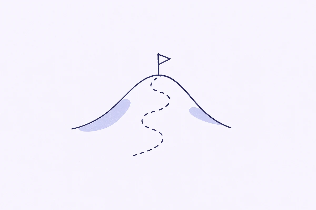 山頂の旗へ続く道のりのイラスト — 泥臭い伴走